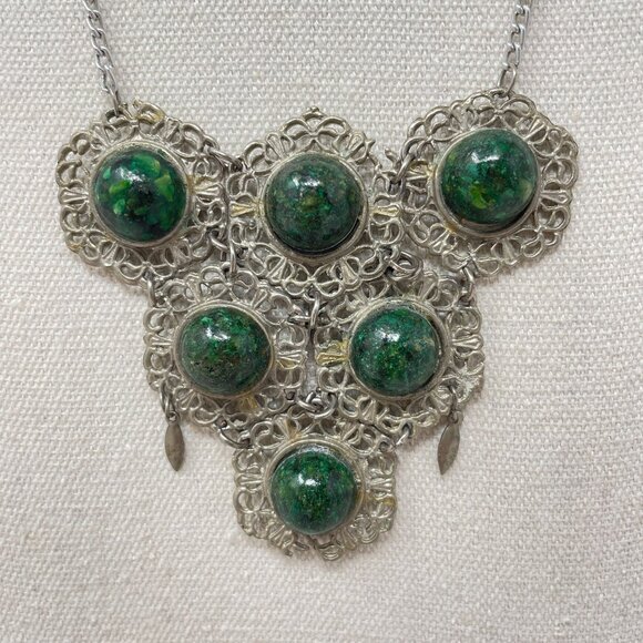 Vintage Boho Necklace Marked Jerusalem Green Natural‎ Funky Long Bib Silver-Tone - Picture 2 of 12